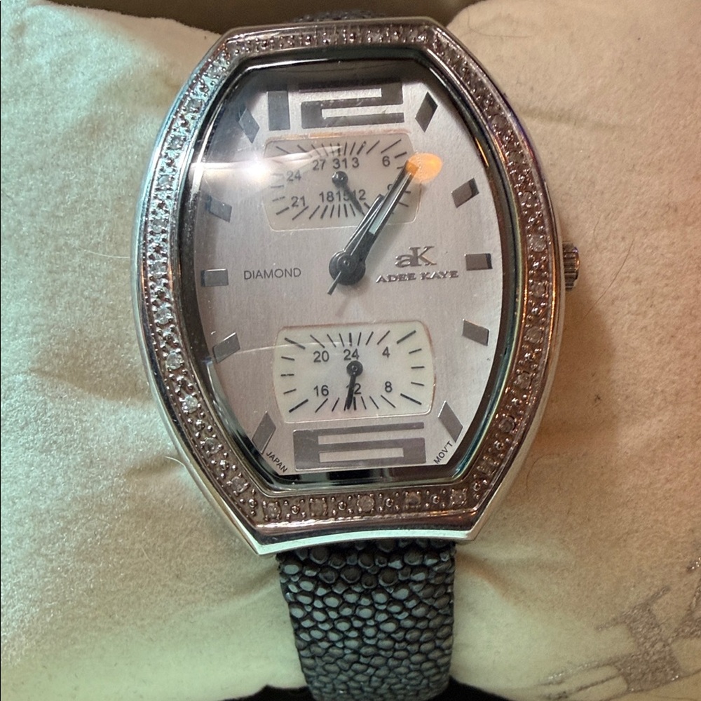 Adee Kaye AK 4076L Diamond Accent Tonneau Watch w/ Genuine Stingray Band + Box
